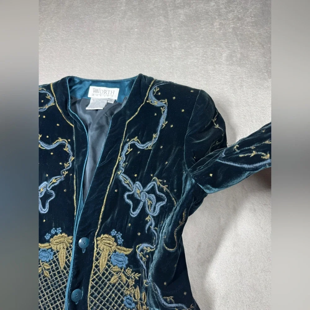 Vintage Worth Silk Blend Dark Teal Velvet Embroidered Celestial Blazer Size 4P - Picture 6 of 17